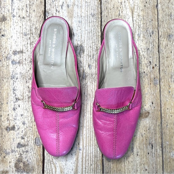 Stubbs & Wootton Pink Leather Mules Size 11 | Gold Accent Slip-On Loafers - Picture 2 of 11